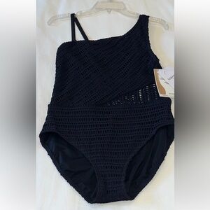 New Coco Reef Bathing Suit, Black, One-Shoulder Swimsuit, Size 12, NWT